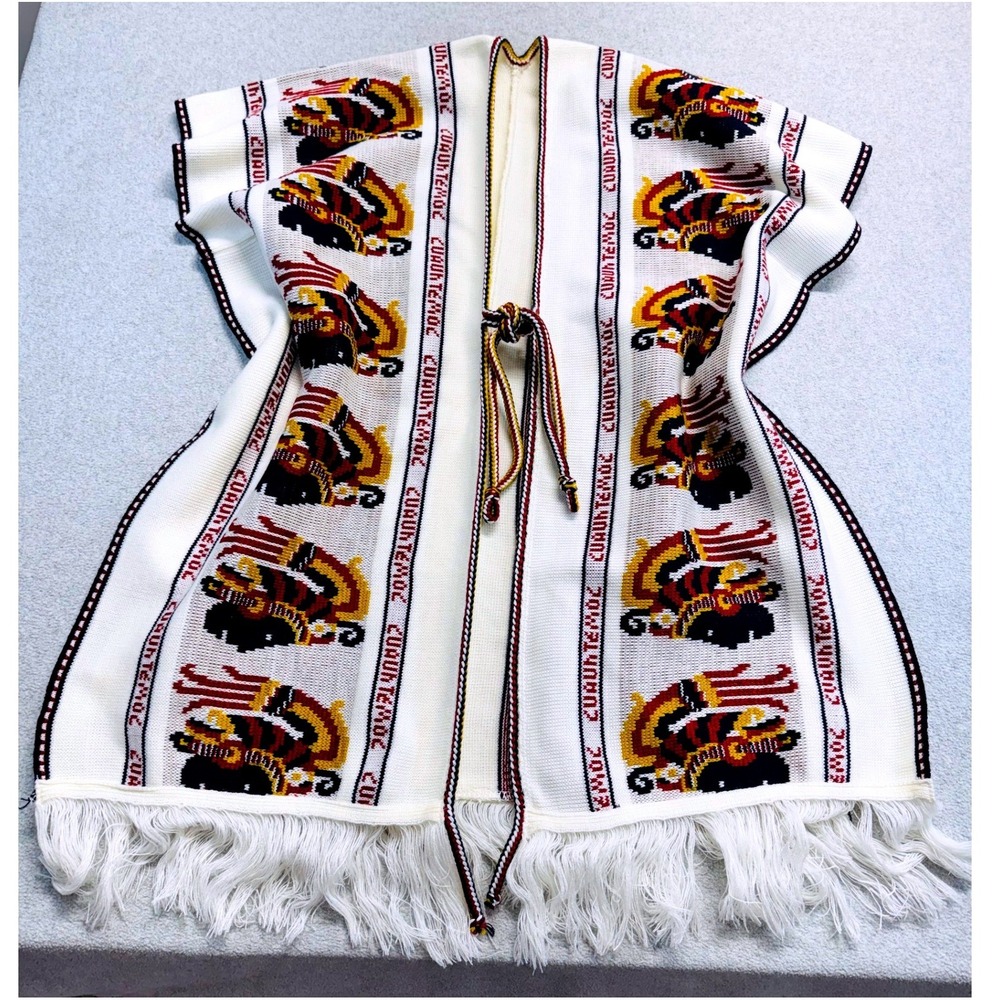 Cuauhtemoc Knit Poncho Womens OS White Red Aztec Indigenous Fringe Boho Wrap